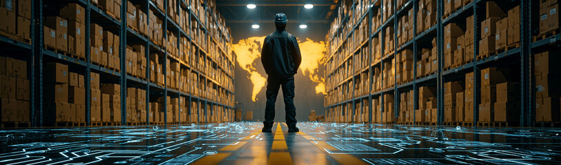 Obraz premium Global Logistics Hub: A solitary figure stands amidst towering shelves filled with boxes in a vast warehouse, a luminous world map projection hovering in the background.