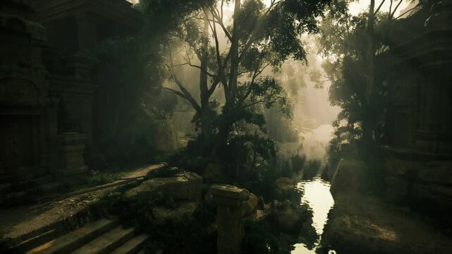 Sunlit overgrown temple courtyard with central tree and shallow stream, atmospheric rays piercing canopy, mosscovered steps and carved stone walls suggesting