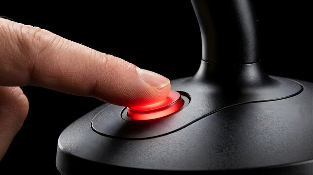 Finger pressing a glowing red button on a black console for activation