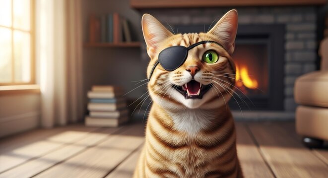 Ginger cat with an eyepatch patch sitting in a cozy room. Pet recovering from eye surgery or injury. Veterinary medicine and animal healthcare. Innovative post-operative pet treatment.
