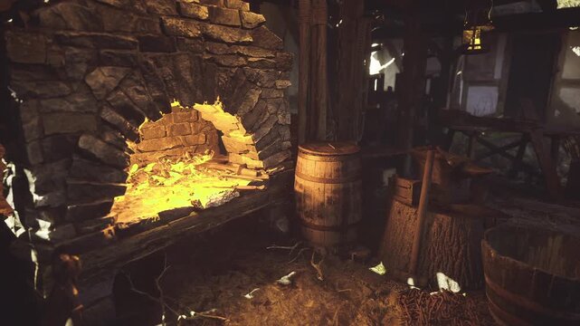 Quiet hearth with scattered baking tools and barrels, soft amber glow fills room, broken window silhouettes and textured stonework create tranquil rustic scene
