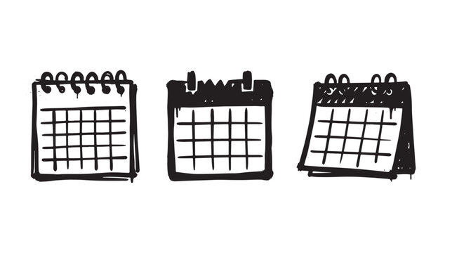 Three hand drawn calendar with grid layouts on a graffiti white background, black ink of spiral bound and wall planners for office and personal scheduling