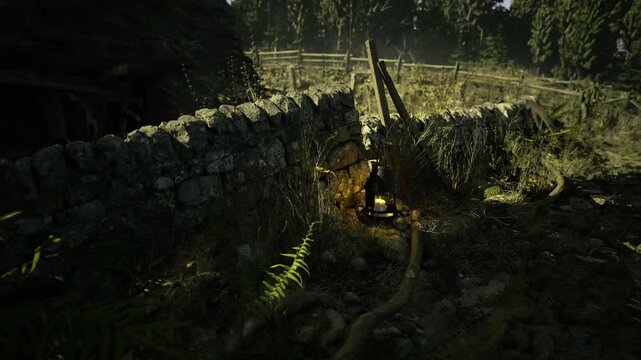 Lantern casting mystic shadows along stone wall at twilight, undergrowth and ferns absorbing warm light, scene evokes folklore wayfinding and secret passage,