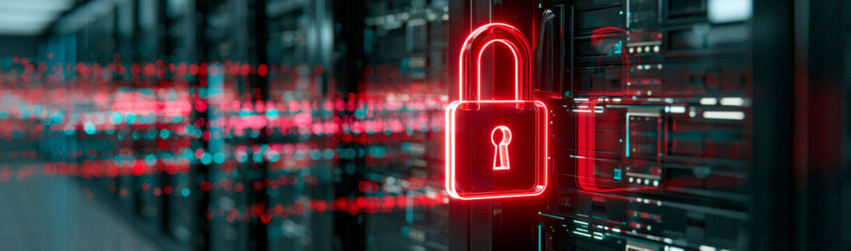Cybersecurity Lock Icon: A glowing red digital padlock emblem superimposed over a server rack, symbolizing data security and protection against cyber threats.