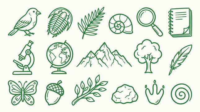 Collection of hand-drawn science and nature icons including animals, plants, and geological elements.