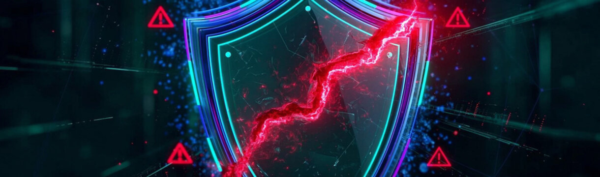 Cybersecurity Breach: A digital shield, representing data security, is cracked by a vibrant red lightning bolt, symbolizing a critical cyberattack and network vulnerability.