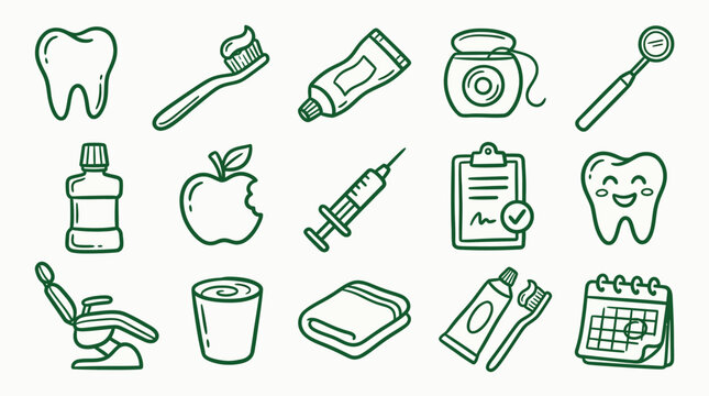 Collection of hand-drawn dental care icons and symbols representing oral hygiene and dentistry.