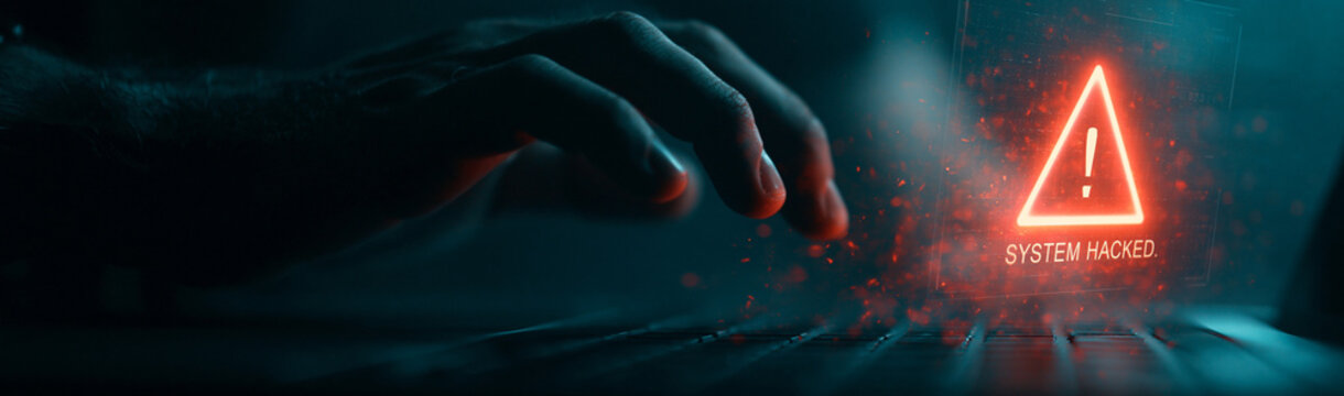 Cybersecurity Threat: A hacker's hand hovers over a laptop keyboard, a neon red alert symbol glowing ominously, indicating a system hack and imminent digital danger.
