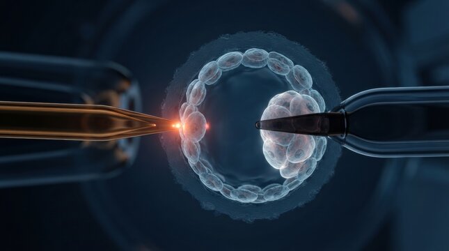A human egg cell is shown being fertilized with tools. This represents advanced techniques in reproductive health and biology.