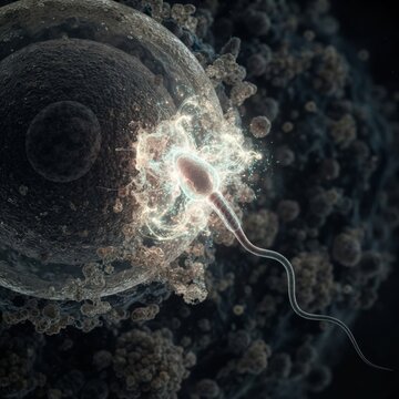 Sperm cell engages in acrosome reaction as it approaches an egg in a reproductive setting at the cellular level.