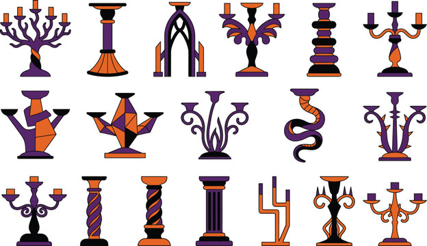 Ancient greek and roman decorative elements collection in orange and purple tones