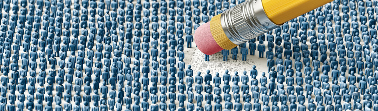 Erasure of Individuality: A giant pencil with a pink eraser is deleting a group of tiny people, symbolizing the loss of identity and uniqueness in a conformist society.