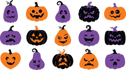 Naklejka premium Colorful halloween pumpkin faces collection vector illustration for festive designs and seasonal decorations