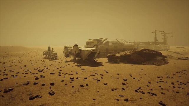 Mars logistics panorama and basecamp with scattered equipment and vehicles, broad view of operations zone, dusty atmosphere and lowcontrast industrial