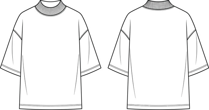 Technical fashion sketch of unisex oversized mock neck t-shirt for apparel design and tech packs