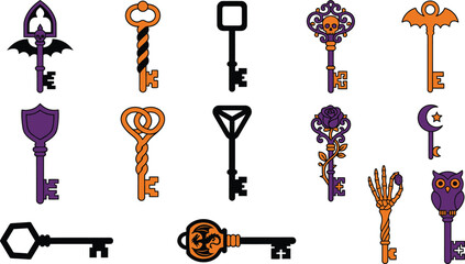 Naklejka premium Collection of halloween themed skeleton keys with unique designs and ornate details