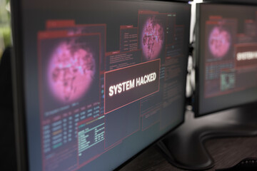 Desktop screen filled with system hack warning notifications, showing a security breach alert and malicious bug penetrating firewall security. © DC Studio