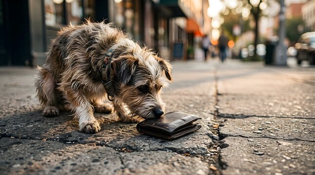 Scruffy dog sniffing a lost leather wallet on a city sidewalk at sunset