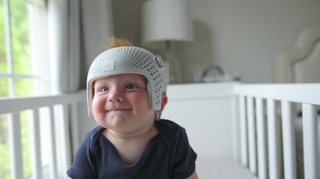 Baby in a helmet smiles and interacts in a crib, illustrating a journey of comfort and adaptation in a bright nursery environment