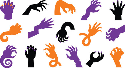 Fototapeta premium Halloween hand silhouettes collection spooky gestures in orange purple and black