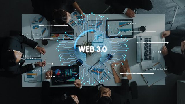 Business Meeting on Web 3.0 with Electronic Devices Analyzing Data Trends and Strategic Planning in a Modern Office Environment. Entropy.