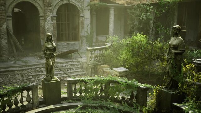 Overgrown stone courtyard with statues, soft golden light illuminating mossy balustrade, weathered columns, tangled ivy, quiet atmosphere suggesting nostalgia