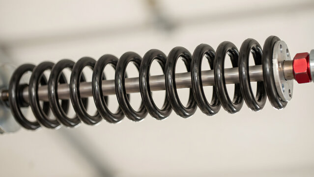 Close up view of a metal mechanical shock absorber coil spring system