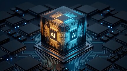 Advanced artificial intelligence concept with glowing 3D AI processor cube on futuristic computer circuit board with neon blue and orange light.