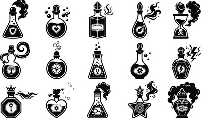 Mystical potion bottles collection black silhouette vector icons for magic alchemy and fantasy designs © AZAD