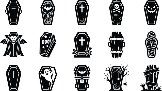 Halloween icon set coffins tombstones ghosts and spooky elements for holiday designs