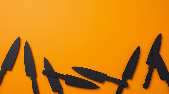Halloween orange background featuring black knives paper cut out bottom border, spooky copy space for horror party invitation, greeting card, banner, poster and seasonal design