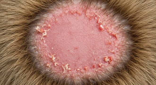 Dog skin with ringworm infection. Veterinary macro detail of fungal dermatophytosis on animal body. Red inflamed lesion with hair loss around focal area for pet health diagnosis.