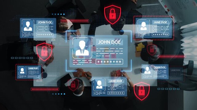 Digital Security Meeting with Animated Profiles and Protection Symbols Overlaid on Table with Diverse Group of Professionals Engaged in Discussion. Entropy.