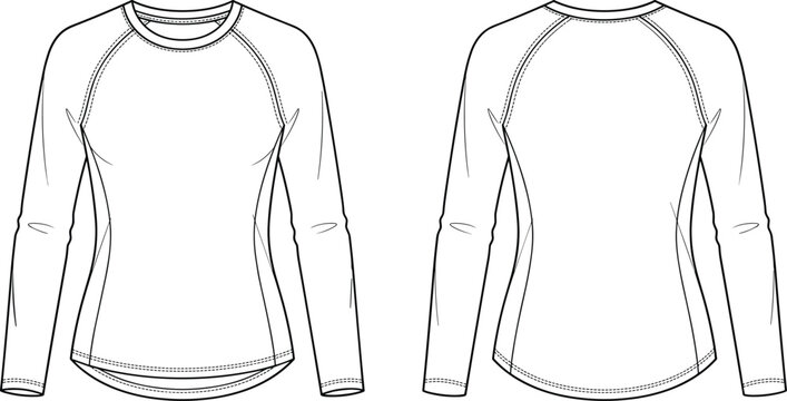 Technical fashion sketch of women&rsquo;s long sleeve raglan shirt for apparel design and tech packs