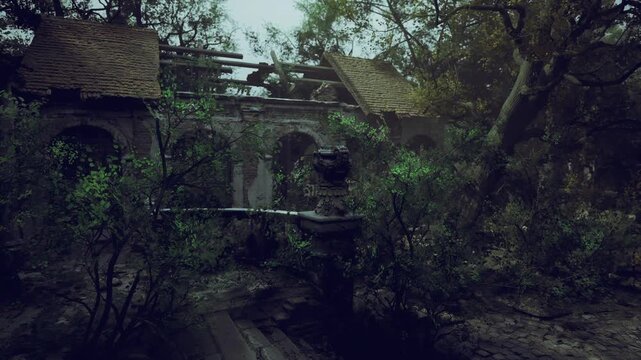 Ornamental urn perched on overgrown balustrade with moss and vine. Intimate close framing highlights carved detail, soft green palette and patina, ideal