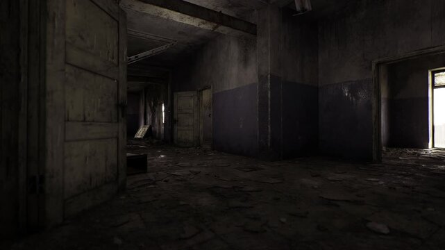 Dark corridor leading toward bright doorway, scattered crates and rubble, deep perspective lines, dramatic contrast for thriller editorial and urban exploration