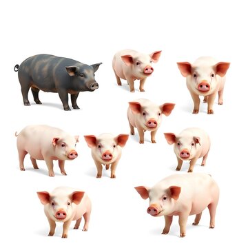 Group of cute young domestic piglets isolated on white background with domestic livestock isolated background agriculture portrait standing collection countryside barnyard