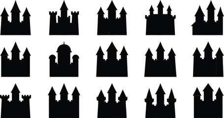 Black silhouette castle collection diverse medieval fortresses for design projects © Sumaiya