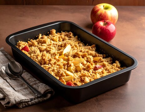 Warm apple crumble dessert in baking dish with fresh apples