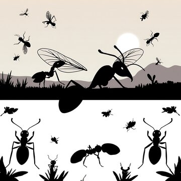 Silhouette illustration of colony of ants working in nature with ant colony hard working insect life nature art silhouette wildlife illustration landscape creature entomology