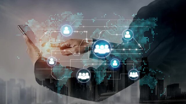 Professional Hand Using Smartphone With Global Network Connections And Digital Communication Concept Above Urban Cityscape Background. Entropy.