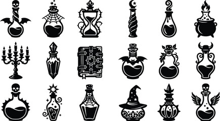 Black silhouette witchcraft magic icon set for halloween or fantasy designs © AZAD