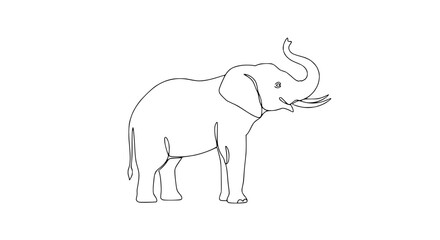 Fototapeta premium Minimalist single line drawing of an elephant with its trunk raised, isolated on white background.