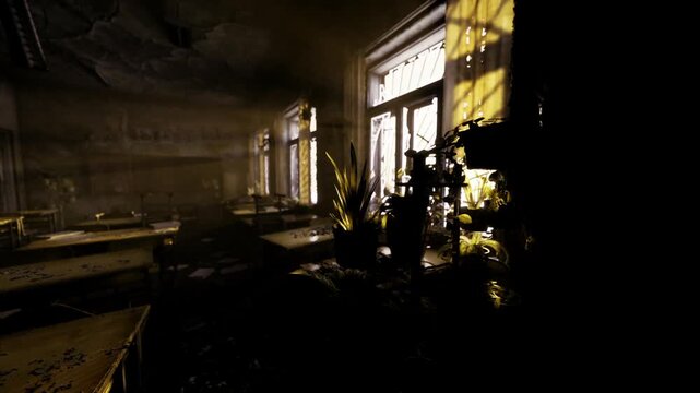 Potted plant thriving on windowsill amid dereliction, vibrant green leaves contrasted against peeling walls and dusty desks, optimistic symbol of life