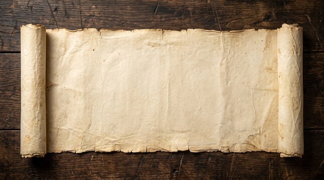 Blank ancient parchment scroll unrolled on a dark rustic wooden background