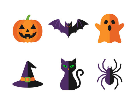 Halloween flat icon vector set with pumpkin, bat, ghost, and cat