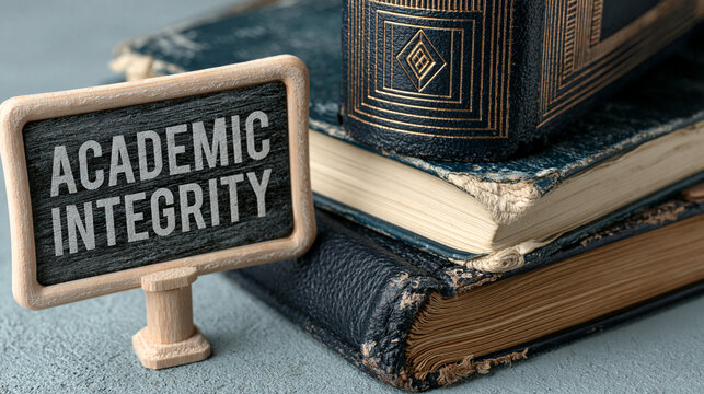 Academic Integrity: A small chalkboard sign reads ACADEMIC INTEGRITY placed next to a stack of antique books, symbolizing honesty and ethical scholarship in education.