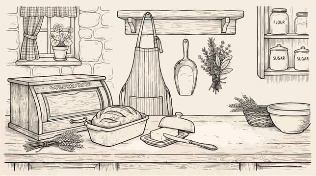 Vintage rustic kitchen illustration, hand drawn farmhouse bakery scene with bread and apron, cozy cottage interior vector with pantry jars