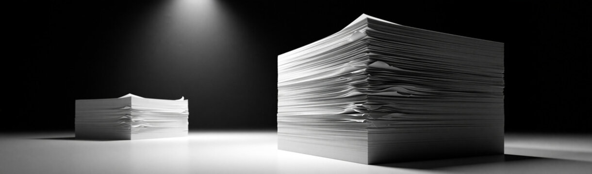 Stacks of Paper Under Spotlight: Two stacks of white paper are dramatically lit by a single spotlight against a dark background, emphasizing the volume and contrast.