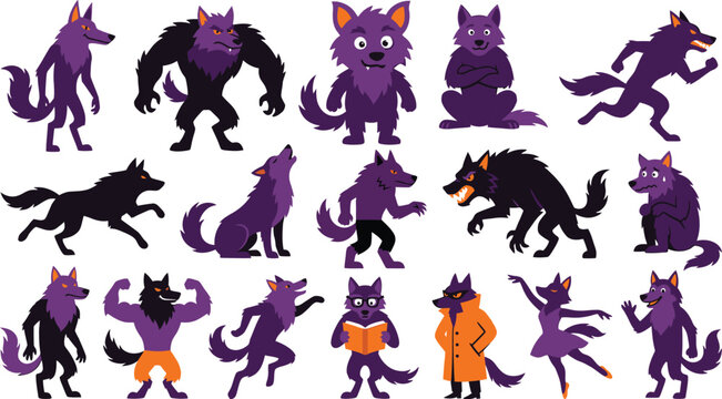 Diverse werewolf character set cartoon illustrations for games and design projects